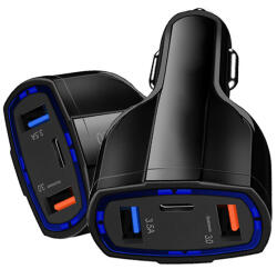  Univerzális szivargyújtós autós töltő 2xUSB és 1x USB Type-C QC 3.0 35W fekete