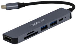 Spacer Docking Station USB 3.0 6 in 1 SPDS-TYPEC-HUPS-6IN1 - 2x USB-A, HDMI, PD 87 W, Gri - Compatibil Universal (Windows/Mac/Chrome OS) (SPDS-TYPEC-HUPS-6IN1) - vexio