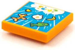 LEGO® 3068bpb1591c4 - LEGO narancssárga csempe 2 x 2 méretű, eső hal, banán, tojás és lufi mintával (3068bpb1591c4)