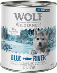 Wolf of Wilderness 24x800g Wolf of Wilderness Free-Range Meat Junior Blue River szabad tartású csirke & lazac nedves kutyatáp