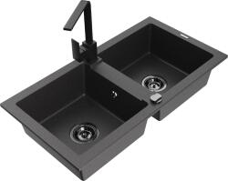 Mexen Mario, gránit mosogató 820x436x161 mm, 2 kamrás, fekete foltos fekete szifonnal és fekete Rita mosogató csaptelep, 6504-76-670300-70-B (6504-76-670300-70-B)