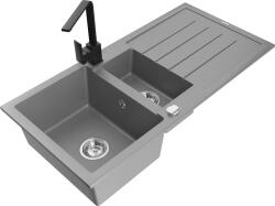 Mexen Andres, gránit mosogató 1000x500x200 mm, 1, 5 kamrás, szürke, króm szifonnal és fekete Rita mosogató csaptelep, 6515-71-670300-70 (6515-71-670300-70)