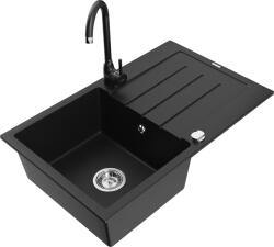 Mexen Bruno, 1 kamrás gránit mosogató csepptálcával 80x50 cm, konyhai csaptelep Telma, fekete, 6513-77-670200-70 (6513-77-670200-70)