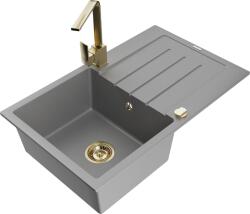 Mexen Bruno, gránit mosogató 795x495x200 mm, 1 kamrás, szürke, arany szifonnal és arany Rita mosogató csapteleppel, 6513-71-670300-50 (6513-71-670300-50)