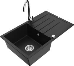 Mexen Bruno, 1 kamrás gránit mosogató csepptálcával 80x50 cm, konyhai csaptelep Telma, fekete, 6513-77-670200-00 (6513-77-670200-00)