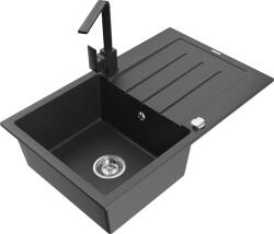 Mexen Bruno, gránit mosogató 795x495x200 mm, 1 kamrás, fekete foltos króm szifonnal és Rita fekete foltos mosogató csaptelep, 6513-76-670300-76 (6513-76-670300-76)