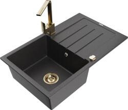 Mexen Bruno, gránit mosogató 795x495x200 mm, 1 kamrás, fekete foltos arany szifonnal és arany Rita mosogató csaptelep, 6513-76-670300-50 (6513-76-670300-50)