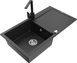 Mexen Leo, gránit mosogató 900x500x190 mm, 1 kamrás, fekete - ezüst metál króm szifonnal és fekete Rita mosogató csaptelep, 6501-73-670300-70 (6501-73-670300-70)