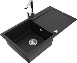 Mexen Leo, gránit mosogató 900x500x190 mm, 1 kamrás, fekete króm szifonnal és króm Rita mosogató csaptelep, 6501-77-670300-00 (6501-77-670300-00)