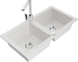 Mexen Mario, gránit mosogató 820x436x161 mm, 2 kamrás, fehér króm szifonnal és króm Rita mosogató csaptelep, 6504-20-670300-00 (6504-20-670300-00)