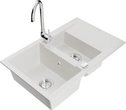 Mexen Gaspar, 1, 5 kamrás gránit mosogató csepptálcával 74x48 cm 74x48 cm Telma konyhai csapteleppel, fehér, 6507-20-670200-00 (6507-20-670200-00)