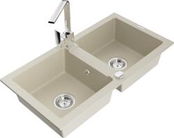 Mexen Mario, gránit mosogató 820x436x161 mm, 2 kamrás, bézs króm szifonnal és króm mosogató csaptelep Rita, 6504-69-670300-00 (6504-69-670300-00)