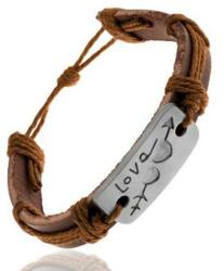 Ekszer Eshop Brown leather bracelet with strings, a rectangle with carved hearts, Love