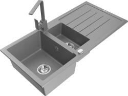 Mexen Andres, gránit mosogató 1000x500x200 mm, 1, 5 kamrás, szürke króm szifonnal és szürke Rita mosogató csaptelep, 6515-71-670300-71 (6515-71-670300-71)