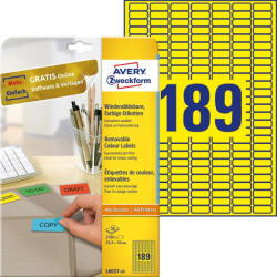 Avery Etikett címke, 25, 4 x10mm, univerzális visszaszedhető, 189 címke/ív, 20 ív/doboz, Avery sárga (L6037-20) - bestoffice