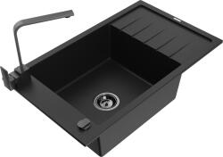 Mexen Elias, gránit mosogató gránit 795x480x200 mm, 1 kamrás, fekete fekete szifonnal és fekete Rita mosogató csapteleppel, 6511-77-670300-70-B (6511-77-670300-70-B)