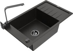 Mexen Elias, gránit mosogató gránit 795x480x200 mm, 1 kamrás, fekete-arany metál fekete szifonnal és fekete Rita mosogató csapteleppel, 6511-75-670300-70-B (6511-75-670300-70-B)