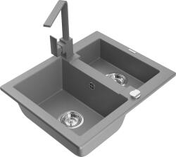 Mexen Carlos, 1, 5 kamrás gránit mosogató lefolyóval 582x475x177 mm és szürke konyhai csaptelep Rita, szürke, 6518-71-670300-71 (6518-71-670300-71)