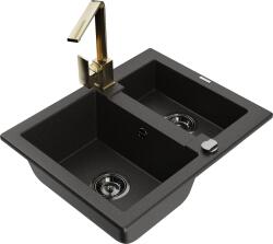 Mexen Carlos, 1, 5 kamrás gránit mosogató vízelvezetővel 582x475x177 mm és Rita arany konyhai csaptelep, fekete - arany metál, 6518-75-670300-50-B (6518-75-670300-50-B)