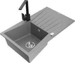 Mexen Cesar, gránit mosogató 775x470x190 mm, 1 kamrás, szürke króm szifonnal és fekete Rita mosogató csaptelep, 6514-71-670300-70 (6514-71-670300-70)
