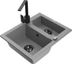 Mexen Carlos, 1, 5 kamrás gránit mosogató vízelvezetővel 582x475x177 mm és fekete konyhai csaptelep Rita, szürke, 6518-71-670300-70-B (6518-71-670300-70-B)