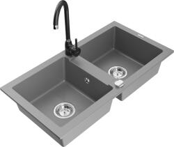 Mexen Mario, 2 kamrás gránit mosogató 820x436x161 mm és Telma fekete mosogató csaptelep, szürke, 6504-71-670200-70 (6504-71-670200-70)
