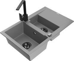 Mexen Gaspar, gránit mosogató 737x475x177 mm, 1, 5 kamrás és fekete csaptelep Rita, szürke, 6507-71-670300-70-B (6507-71-670300-70-B)