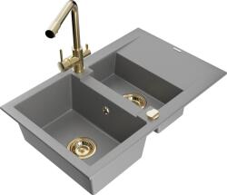 Mexen Gaspar, gránit mosogató 737x475x177 mm, 1, 5 kamrás, Duero arany csaptelep, szürke, 6507-71-671600-50 (6507-71-671600-50)