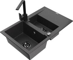 Mexen Gaspar, gránit mosogató 737x475x177 mm, 1, 5 kamrás és fekete csaptelep Rita, fekete foltos, 6507-76-670300-70-B (6507-76-670300-70-B)