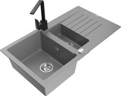 Mexen Matias, gránit mosogató 900x505x200 mm, 1, 5 kamrás és fekete csaptelep Rita, szürke, 6502-71-670300-70 (6502-71-670300-70)
