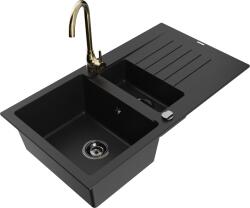 Mexen Matias, gránit mosogató 900x505x200 mm, 1, 5 kamrás és arany Telma csaptelep, fekete, 6502-77-670200-50-B (6502-77-670200-50-B)