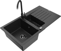 Mexen Matias, gránit mosogató 900x505x200 mm, 1, 5 kamrás és fekete Telma csaptelep, fekete-ezüst metál, 6502-73-670200-70-B (6502-73-670200-70-B)