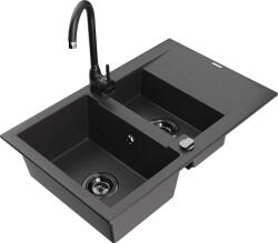 Mexen Gaspar, gránit mosogató 737x475x177 mm, 1, 5 kamrás és fekete Telma csaptelep, fekete foltos, 6507-76-670200-70-B (6507-76-670200-70-B)