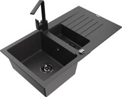 Mexen Matias, gránit mosogató 900x505x200 mm, 1, 5 kamrás és fekete csaptelep Rita, fekete foltos, 6502-76-670300-70-B (6502-76-670300-70-B)