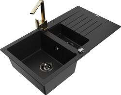 Mexen Matias, gránit mosogató 900x505x200 mm, 1, 5 kamrás és arany csaptelep Rita, fekete, 6502-77-670300-50-B (6502-77-670300-50-B)