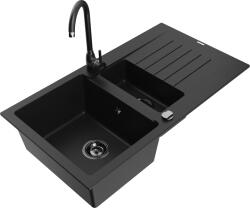 Mexen Matias, gránit mosogató 900x505x200 mm, 1, 5 kamrás és fekete Telma csaptelep, fekete, 6502-77-670200-70-B (6502-77-670200-70-B)