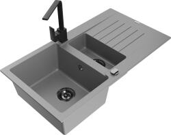 Mexen Matias, gránit mosogató 900x505x200 mm, 1, 5 kamrás és fekete csaptelep Rita, szürke, 6502-71-670300-70-B (6502-71-670300-70-B)