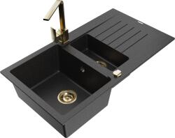 Mexen Matias, gránit mosogató 900x505x200 mm, 1, 5 kamrás és arany csaptelep Rita, fekete-ezüst metál, 6502-73-670300-50 (6502-73-670300-50)