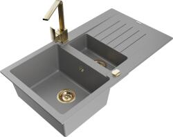 Mexen Matias, gránit mosogató 900x505x200 mm, 1, 5 kamrás és arany csaptelep Rita, szürke, 6502-71-670300-50 (6502-71-670300-50)
