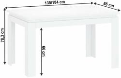  Széthúzható asztal, fehér, 135-184x86 cm, LINDY (0000303553)