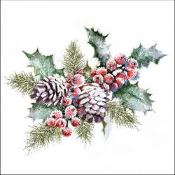 Ambiente Karácsonyi magyal - tobozos mintájú szalvéta - 25x25 cm - Holly and Berries (VR-32515570)