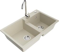 Mexen Tomas, gránit mosogató 800x500x190 mm, 2 kamrás és króm csaptelep Telma, bézs, 6516-69-670200-00 (6516-69-670200-00)