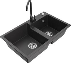 Mexen Tomas, gránit mosogató 800x500x190 mm, 2 kamrás és fekete foltos Telma csaptelep, fekete foltos, 6516-76-670200-76 (6516-76-670200-76)