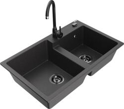 Mexen Tomas, gránit mosogató 800x500x190 mm, 2 kamrás és fekete Telma csaptelep, fekete foltos, 6516-76-670200-70-B (6516-76-670200-70-B)