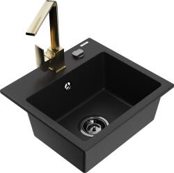 Mexen Milo, 1 kamrás gránit mosogató 435x410x171 mm és Rita arany csaptelep, fekete, 6505-77-670300-50-B (6505-77-670300-50-B)
