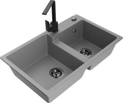 Mexen Tomas, gránit mosogató 800x500x190 mm, 2 kamrás és fekete csaptelep Rita, szürke, 6516-71-670300-70-B (6516-71-670300-70-B)