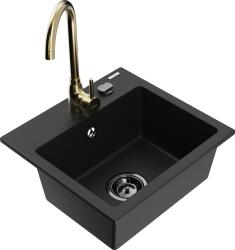 Mexen Milo, 1 kamrás gránit mosogató 435x410x171 mm és Telma arany csaptelep, fekete, 6505-77-670200-50-B (6505-77-670200-50-B)