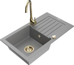 Mexen Pablo, gránit mosogató 752x436x161 mm, 1 kamrás és arany Telma csaptelep, szürke, 6510-71-670200-50 (6510-71-670200-50)