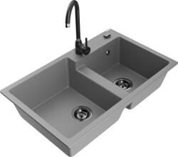 Mexen Tomas, gránit mosogató 800x500x190 mm, 2 kamrás és fekete Telma csaptelep, szürke, 6516-71-670200-70-B (6516-71-670200-70-B)
