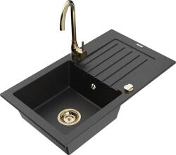 Mexen Pablo, gránit mosogató 752x436x161 mm, 1 kamrás és arany Telma csaptelep, fekete-ezüst metál, 6510-73-670200-50 (6510-73-670200-50)